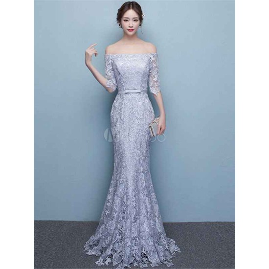 Amazing Mermaid Evening Dress Lace Off The Shoulder Party Dress Silver Half Sleeve Floor Length Occasion Dress With Bow Sash wedding guest dress