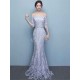 Amazing Mermaid Evening Dress Lace Off The Shoulder Party Dress Silver Half Sleeve Floor Length Occasion Dress With Bow Sash wedding guest dress