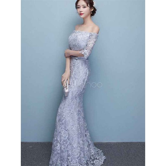 Amazing Mermaid Evening Dress Lace Off The Shoulder Party Dress Silver Half Sleeve Floor Length Occasion Dress With Bow Sash wedding guest dress