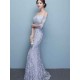 Amazing Mermaid Evening Dress Lace Off The Shoulder Party Dress Silver Half Sleeve Floor Length Occasion Dress With Bow Sash wedding guest dress
