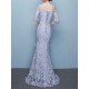 Amazing Mermaid Evening Dress Lace Off The Shoulder Party Dress Silver Half Sleeve Floor Length Occasion Dress With Bow Sash wedding guest dress