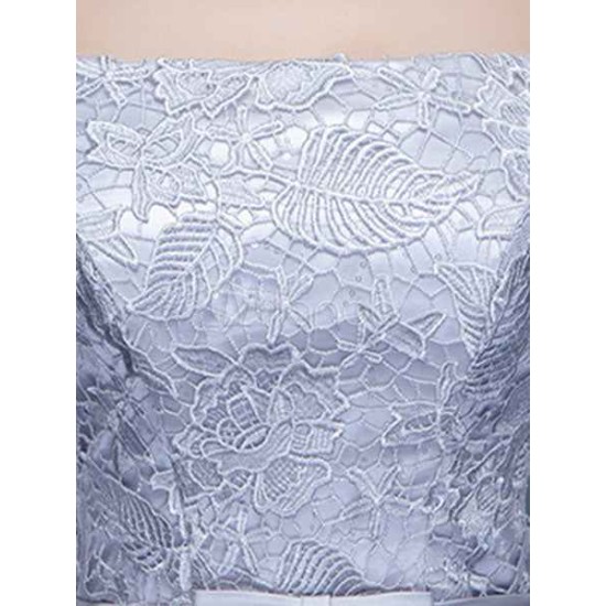 Amazing Mermaid Evening Dress Lace Off The Shoulder Party Dress Silver Half Sleeve Floor Length Occasion Dress With Bow Sash wedding guest dress