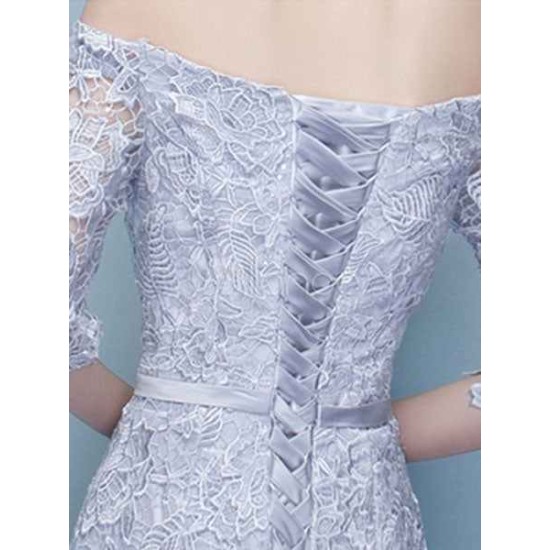 Amazing Mermaid Evening Dress Lace Off The Shoulder Party Dress Silver Half Sleeve Floor Length Occasion Dress With Bow Sash wedding guest dress