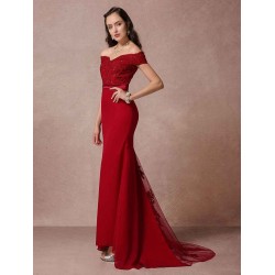 Amazing Red Mermaid Backless Off-thw-shoulder Evening Dress