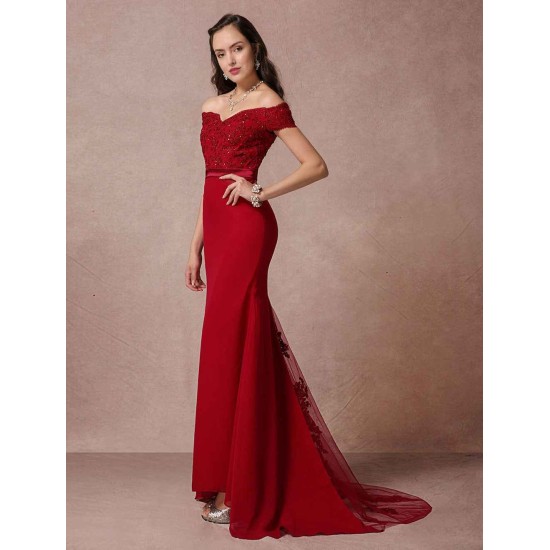Amazing Red Mermaid Backless Off-thw-shoulder Evening Dress