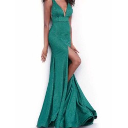 Amazing Women Evening Gown Forest Green V Neck Backless Polyester Split Maxi Party Dress