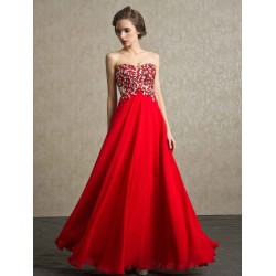 Amazing Red Evening Dresses  Long Strapless Backless Evening Dress Rhinestone Chiffon Party Dress