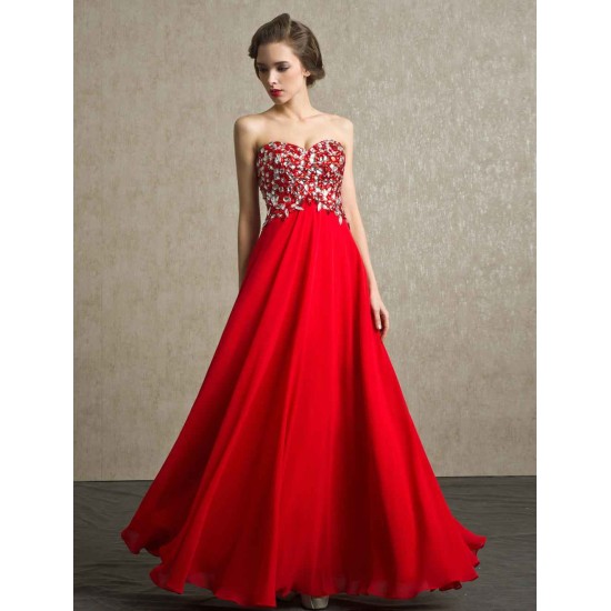Amazing Red Evening Dresses  Long Strapless Backless Evening Dress Rhinestone Chiffon Party Dress