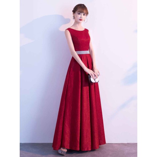 Amazing Evening Dress A Line Jewel Neck Floor Length Sleeveless Zipper Sash Sequined Social Party Dresses