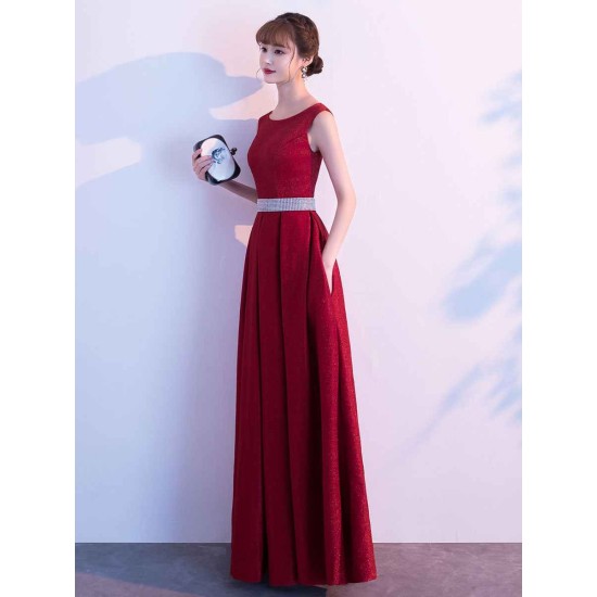 Amazing Evening Dress A Line Jewel Neck Floor Length Sleeveless Zipper Sash Sequined Social Party Dresses