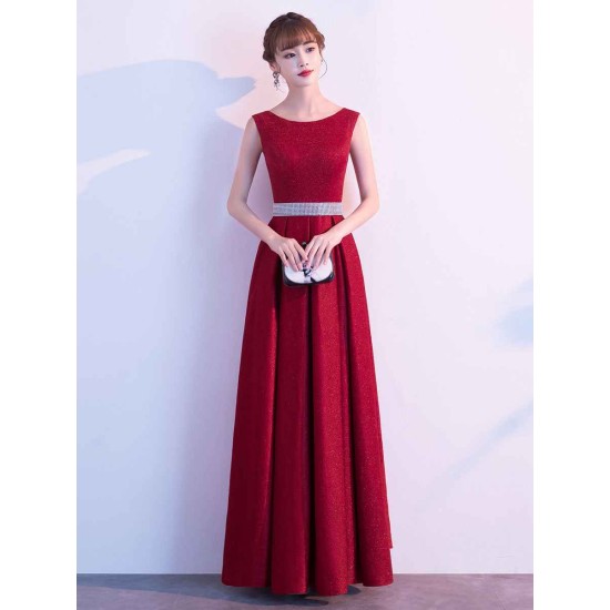 Amazing Evening Dress A Line Jewel Neck Floor Length Sleeveless Zipper Sash Sequined Social Party Dresses