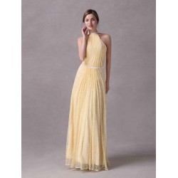 Amazing A-line Daffodil Lace Evening Dress with Keyhole Neck Floor-Length