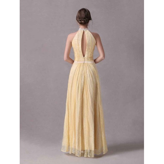 Amazing A-line Daffodil Lace Evening Dress with Keyhole Neck Floor-Length