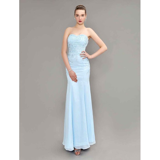 Amazing Mermaid Evening Dress Pastel Blue Strapless Party Dress Beaded Floor Length Chiffon evening dress