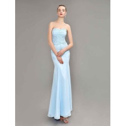 Amazing Mermaid Evening Dress Pastel Blue Strapless Party Dress Beaded Floor Length Chiffon evening dress
