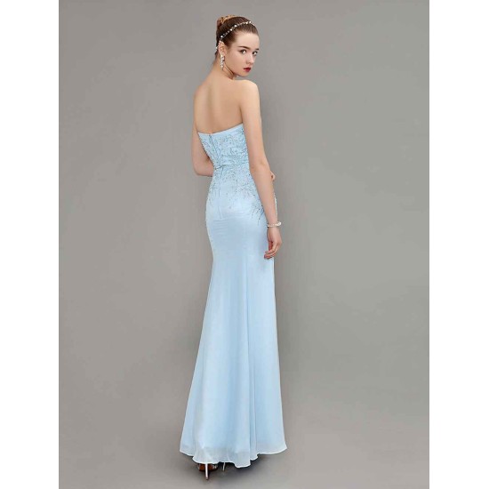 Amazing Mermaid Evening Dress Pastel Blue Strapless Party Dress Beaded Floor Length Chiffon evening dress