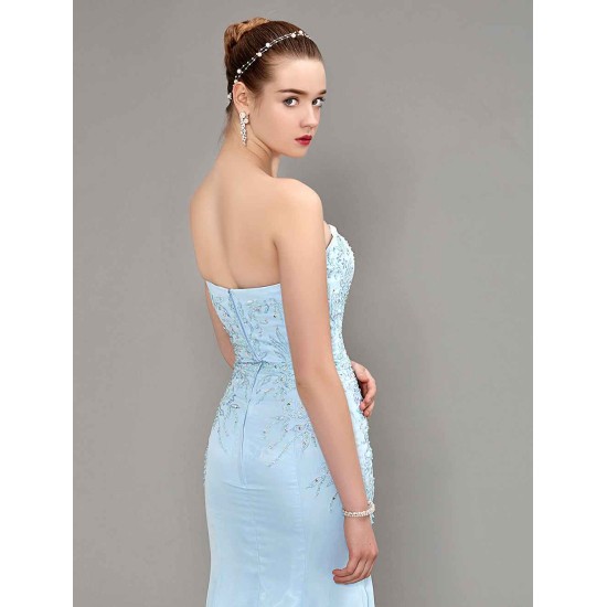 Amazing Mermaid Evening Dress Pastel Blue Strapless Party Dress Beaded Floor Length Chiffon evening dress