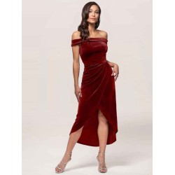 Amazing Burgundy Evening Dress Sheath Bateau Neck Tea-Length Zipper Pleated Velour Formal Dinner Dresses