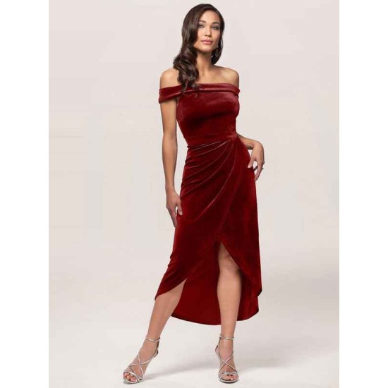 Amazing Burgundy Evening Dress Sheath Bateau Neck Tea-Length Zipper Pleated Velour Formal Dinner Dresses