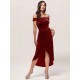 Amazing Burgundy Evening Dress Sheath Bateau Neck Tea-Length Zipper Pleated Velour Formal Dinner Dresses