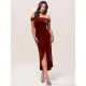 Amazing Burgundy Evening Dress Sheath Bateau Neck Tea-Length Zipper Pleated Velour Formal Dinner Dresses