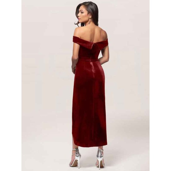 Amazing Burgundy Evening Dress Sheath Bateau Neck Tea-Length Zipper Pleated Velour Formal Dinner Dresses
