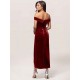 Amazing Burgundy Evening Dress Sheath Bateau Neck Tea-Length Zipper Pleated Velour Formal Dinner Dresses