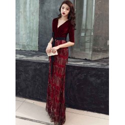 Amazing Evening Dress Sheath V Neck Velour Floor Length Sash Social Party Dresses