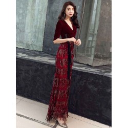 Amazing Evening Dress Sheath V Neck Velour Floor Length Sash Social Party Dresses