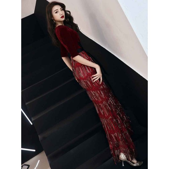 Amazing Evening Dress Sheath V Neck Velour Floor Length Sash Social Party Dresses