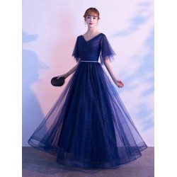 Amazing Evening Dress A Line V Neck Matte Satin Floor Length Sequins Formal Party Dresses