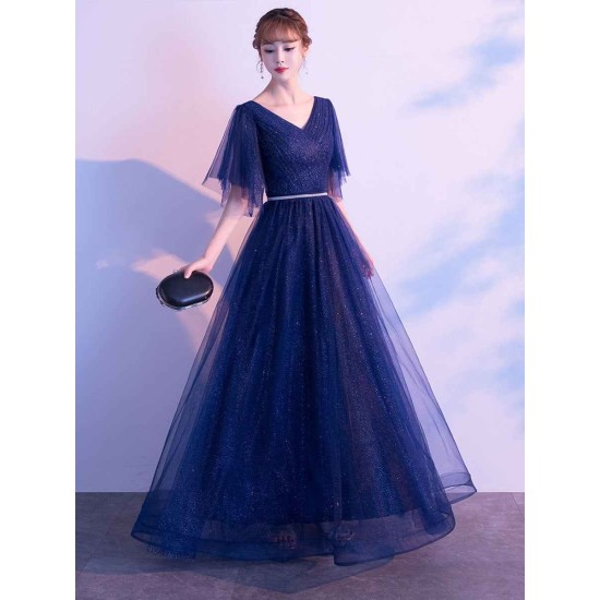 Amazing Evening Dress A Line V Neck Matte Satin Floor Length Sequins Formal Party Dresses