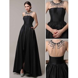 Charming Black High Low Beading Illusion Neckline Taffeta Evening Dress