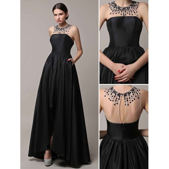 Charming Black High Low Beading Illusion Neckline Taffeta Evening Dress