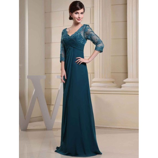 Glamorous Ink Blue Evening Dress Lace Applique Beading V Neck Half Sleeves A Line Wedding Party Dress