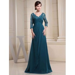 Glamorous Ink Blue Evening Dress Lace Applique Beading V Neck Half Sleeves A Line Wedding Party Dress