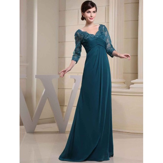 Glamorous Ink Blue Evening Dress Lace Applique Beading V Neck Half Sleeves A Line Wedding Party Dress