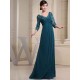 Glamorous Ink Blue Evening Dress Lace Applique Beading V Neck Half Sleeves A Line Wedding Party Dress