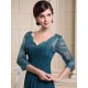 Glamorous Ink Blue Evening Dress Lace Applique Beading V Neck Half Sleeves A Line Wedding Party Dress