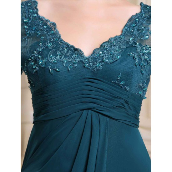 Glamorous Ink Blue Evening Dress Lace Applique Beading V Neck Half Sleeves A Line Wedding Party Dress