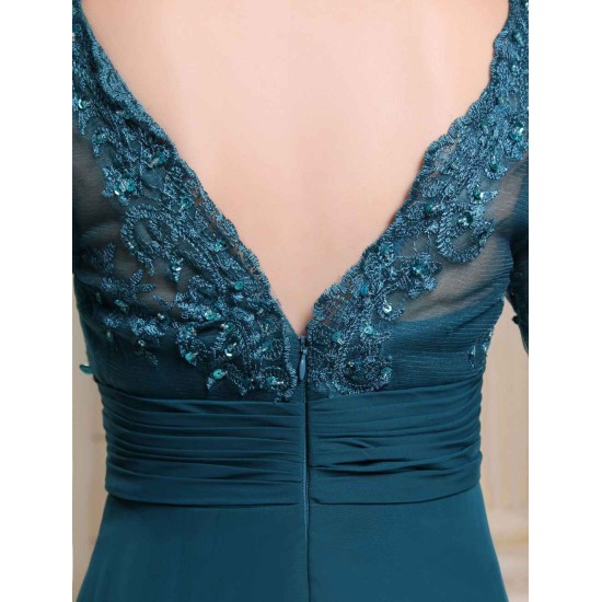 Glamorous Ink Blue Evening Dress Lace Applique Beading V Neck Half Sleeves A Line Wedding Party Dress