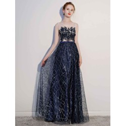 Amazing Dark Navy Evening Dresses Lace Sequin Illusion Sleeveless Floor Length Evening Dress