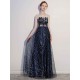 Amazing Dark Navy Evening Dresses Lace Sequin Illusion Sleeveless Floor Length Evening Dress