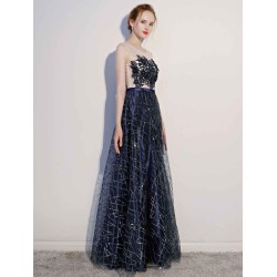 Amazing Dark Navy Evening Dresses Lace Sequin Illusion Sleeveless Floor Length Evening Dress