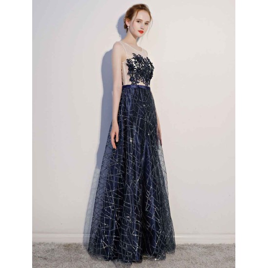 Amazing Dark Navy Evening Dresses Lace Sequin Illusion Sleeveless Floor Length Evening Dress
