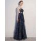 Amazing Dark Navy Evening Dresses Lace Sequin Illusion Sleeveless Floor Length Evening Dress