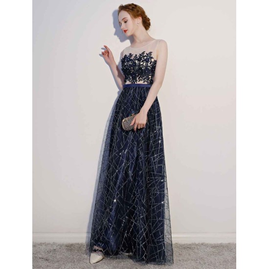 Amazing Dark Navy Evening Dresses Lace Sequin Illusion Sleeveless Floor Length Evening Dress