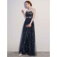 Amazing Dark Navy Evening Dresses Lace Sequin Illusion Sleeveless Floor Length Evening Dress