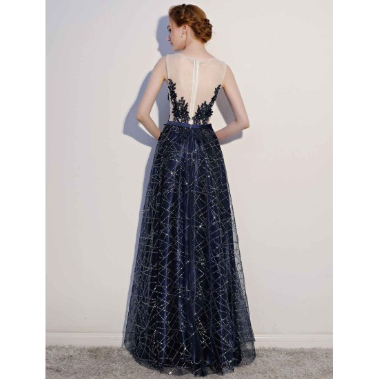Amazing Dark Navy Evening Dresses Lace Sequin Illusion Sleeveless Floor Length Evening Dress