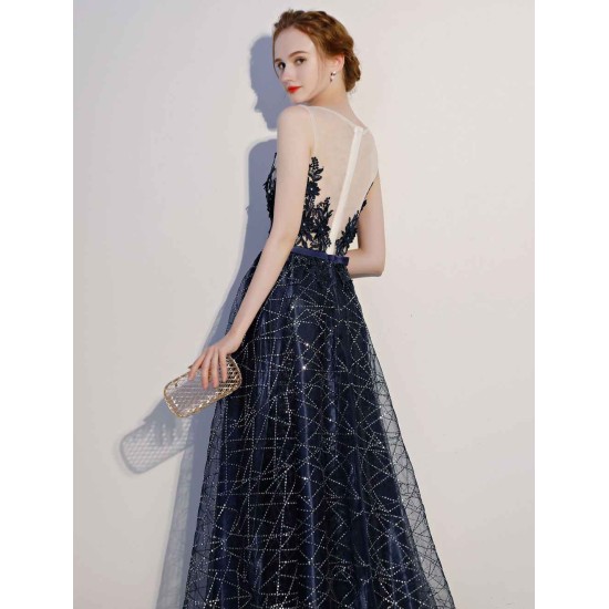 Amazing Dark Navy Evening Dresses Lace Sequin Illusion Sleeveless Floor Length Evening Dress